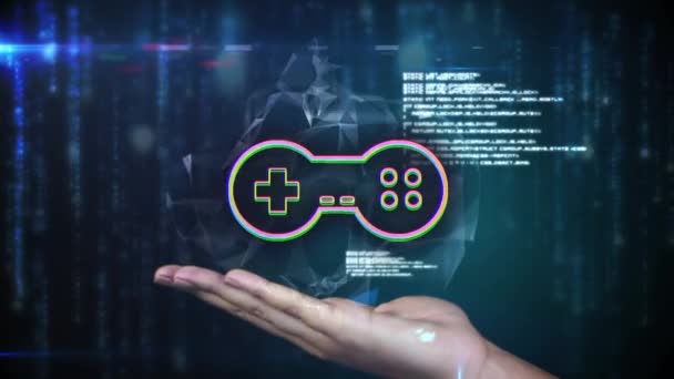 Animação Ícone Gamepad Sobre Processamento Dados Mão Segurando Globo Negócio — Vídeo de Stock