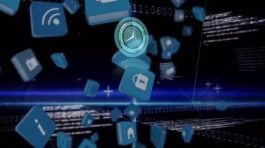 Simgeler ve veri işleme üzerinde hareket eden saatin animasyonu. küresel iş ve dijital arayüz kavramı dijital olarak oluşturulmuş video.