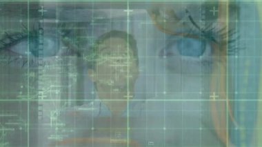 Kadın yüzü ve veri işleme animasyonu beyaz erkek teknisyenden sunucuya. küresel çevrimiçi güvenlik, dijital arayüz ve dijital olarak oluşturulmuş video işleme kavramı.
