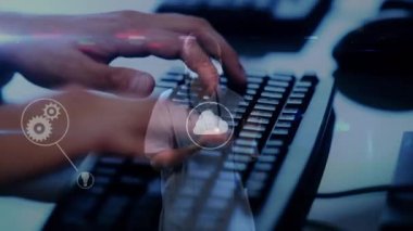 Bilgisayar klavyesinde yazı yazan beyaz kadın üzerinden bağlantı ağının animasyonu. küresel iş, teknoloji ve ağlar konsepti dijital olarak oluşturulmuş video.