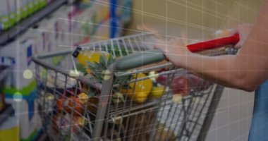 Alışveriş arabasında finansal veri işleme animasyonu. Küresel iş, finans, veri işleme ve dijital arayüz kavramı dijital olarak oluşturulmuş video.