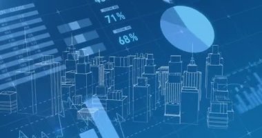 Mavi arka plandaki veri işleme üzerinden dijital şehrin animasyonu. küresel teknoloji, bilgisayar ve dijital arayüz kavramı dijital olarak oluşturulmuş video.