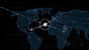 Dünya haritası üzerinde veri işleme animasyonu. küresel iş ve dijital arayüz kavramı dijital olarak oluşturulmuş video.