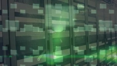 Animation of folders, data and digital padlock over servers. global internet security, data processing, connections and digital interface concept digitally generated video.
