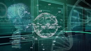 Veri işleme üzerinde dünyanın animasyonu. küresel iş ve dijital arayüz kavramı dijital olarak oluşturulmuş video.