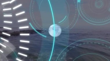 Küresel ve deniz manzaralı dairelerin ve 5G 'nin animasyonu. küresel ağ, bağlantılar, veri ve teknoloji konsepti dijital olarak oluşturulmuş video.
