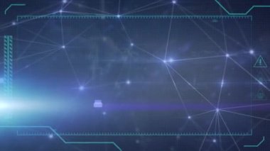 Mavi arkaplan üzerindeki veri işleme ve şekillerin animasyonu. küresel iş ve dijital arayüz kavramı dijital olarak oluşturulmuş video.