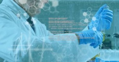 Animation of chemical formulas and data processing over caucasian senior male lab worker. animation of chemical formulas and data processing over caucasian female lab worker with computer.