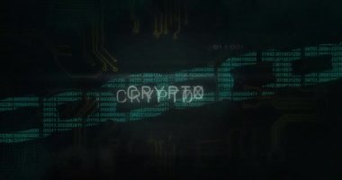 Şifreli metin ve mikro işlemci bağlantıları, güvenlik zinciri simgesi üzerinden siyah arka plana karşı. Kripto para birimi ve siber güvenlik teknolojisi kavramı