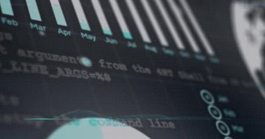 Siyah arkaplanda grafiklerin, verilerin ve kürenin animasyonu. Veri işleme, bilgisayarlar, dijital ekran ve teknoloji konsepti dijital olarak oluşturulmuş video.