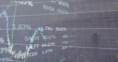 Şehirdeki finansal grafiklerin ve verilerin animasyonu. Küresel finans, ekonomi ve iş konsepti dijital olarak oluşturulmuş video.