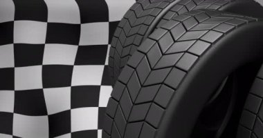 Animation of tyres over finishing line. Global sport and digital interface concept digitally generated video.