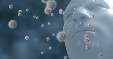 Mavi arka planda insan kafası modelinin üzerinde yüzen Covid-19 hücreleri. tıbbi araştırma ve bilim teknolojisi kavramı