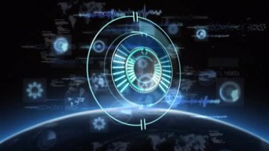 Animation of processing circle over diverse data over globe. global network, connections, data and technology concept digitally generated video.