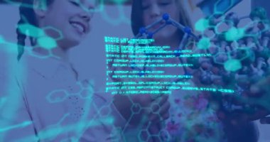 Animation of data processing and chemical formula over diverse schoolchildren and teacher. global science, data processing and digital interface concept digitally generated video.