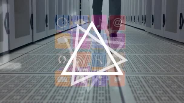 Animation Shapes Icons Worker Server Room Global Technology Digital Interface — Stock video