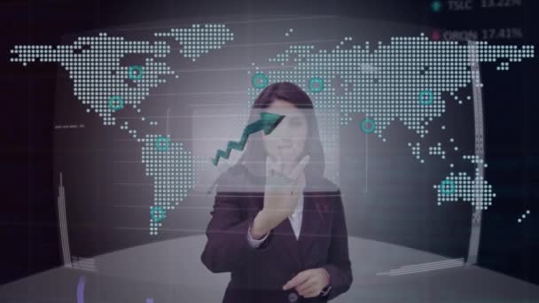 Animation Graphs Data World Map Caucasian Businesswoman Using Touchscreen Global — Vídeos de Stock