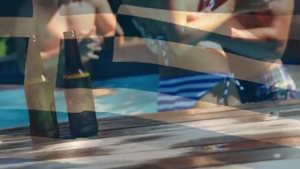 Animation Flag Greece Happy Caucasian Friends Having Fun Swimming Pool — Stockvideo