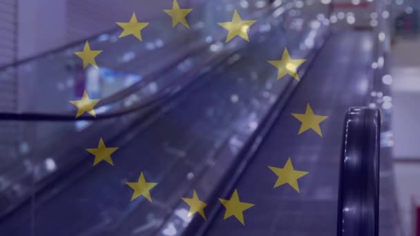 Animace Evropské Unie Mávající Vlajkou Nad Městskou Krajinou Evropské Unie — Stock video