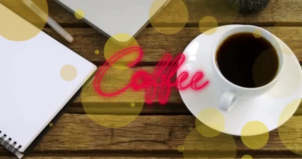 Animación Texto Café Sobre Oficina Taza Café Relajante Café Interfaz — Vídeos de Stock