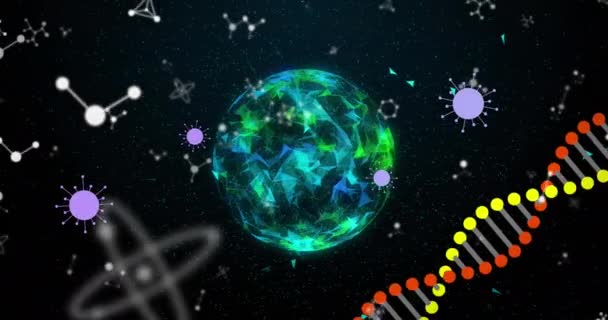 Animation Covid Κύτταρα Κινούνται Σφαίρα Και Νήμα Dna Κλώση Παγκόσμια — Αρχείο Βίντεο