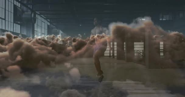 Animation Clouds African American Sportsman Exercising Global Sport Digital Interface — Vídeos de Stock