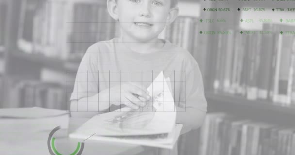 Animation Financial Data Processing Reading Caucasian Boy Global Business Finances — Vídeo de stock