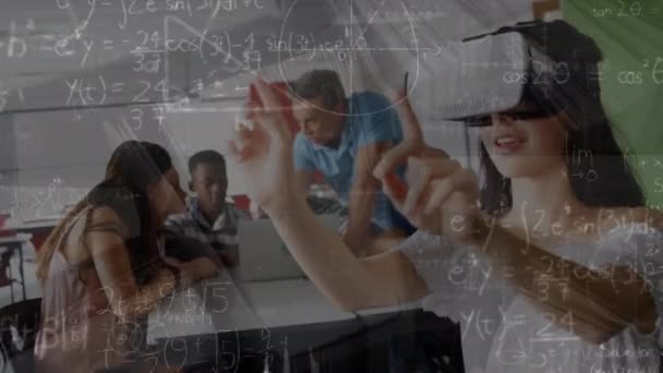 Animation Mathematical Equations Diverse Schoolchildren Using Headset Global Education Technology — Stockvideo