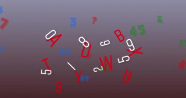 Gri arkaplan üzerine düşen rakamların ve harflerin animasyonu. okul, öğrenim ve eğitim konsepti dijital olarak oluşturulmuş video.