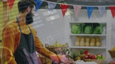 Marketteki mutlu beyaz erkek satıcının finansal grafiklerinin animasyonu. ekonomi, finans, alışveriş ve dijital olarak üretilen küçük bağımsız iş konsepti.