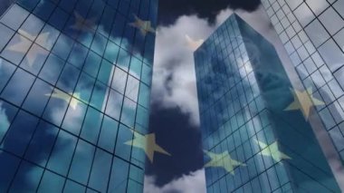 Animation of european union waving flag over cityscape. European union, political, economic concept digitally generated video.
