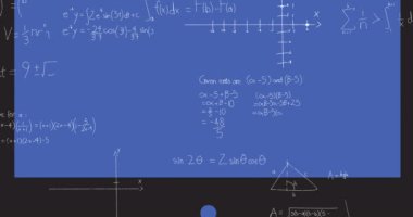 Mavi arkaplanda matematiksel denklemlerin animasyonu. küresel bilim ve dijital arayüz kavramı dijital olarak oluşturulmuş video.