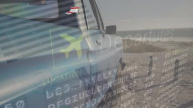 Grafikler ve araba üzerinden kalkış masasının animasyonu. küresel ekonomi, ulaştırma ve finans kavramı dijital olarak oluşturulmuş video.