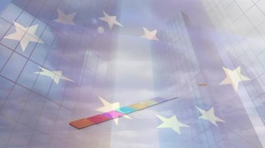 Animation of european union flag and financial data processing over cityscape. European union , political, economic concept digitally generated video.