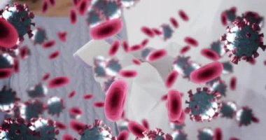 Ateşini ölçen Afro-Amerikan kadın üzerinde virüs hücrelerinin canlandırılması. covid 19 pandemik konsept sırasında dijital olarak üretilen video.