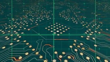Mavi arkaplan üzerinde ızgara ve işlemci soketi animasyonu. Küresel bilim, bağlantılar, veri işleme ve dijital arayüz kavramı dijital olarak oluşturulmuş video.