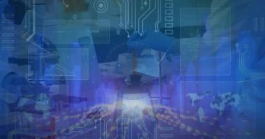 Laboratuvar üzerinde dijital arayüzün animasyonu. Küresel bilim, bağlantılar, veri işleme ve dijital arayüz kavramı dijital olarak oluşturulmuş video.