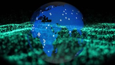 Siyah arkaplan üzerinde mavi dalga ve küre animasyonu. Dijital olarak oluşturulmuş küresel bağlantılar, veri işleme ve dijital arayüz kavramı.