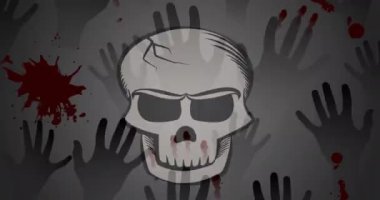 Gri arka planda kafatası ve ellerin animasyonu. Soyut arkaplan ve dijital arayüz kavramı dijital olarak oluşturulmuş video.