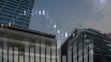 Statistical data processing against view of tall buildings in background. global finance and business technology concept