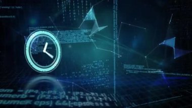 Siyah arka planda veri işleme üzerinde hareket eden saatin animasyonu. küresel iş, finans, bağlantılar ve dijital arayüz konsepti dijital olarak oluşturulmuş video.