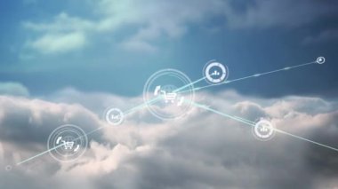 Animation of network of connections with icons on cloudy sky in background. global connections, network and technology concept digitally generated video.