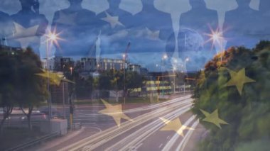 Şehrin üzerinde bayrak sallayan Avrupa Birliği 'nin animasyonu. Avrupa Birliği, siyasi ve ekonomik konsept dijital olarak üretilen video.