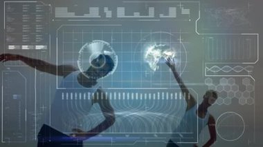 Animation of data processing over caucasian couple exercising on beach. health, fitness and digital interface concept digitally generated video.