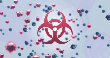 Animation of virus cells and biohazard on light violet background. global covid 19 pandemic, science and medicine concept digitally generated video.