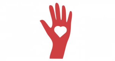 Beyaz arka planda kalp ikonu olan el animasyonu. Uluslararası yardım ve kutlama günü dijital olarak üretilen video konsepti.