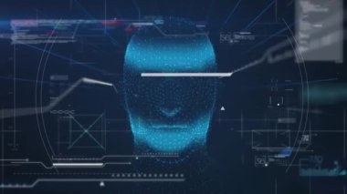 Dijital insan kafası üzerinde veri işleme animasyonu. küresel teknoloji, veri işleme ve dijital arayüz kavramı dijital olarak oluşturulmuş video.