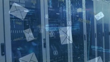 Animation of icons and data processing over server room. global technology, data processing and digital interface concept digitally generated video.