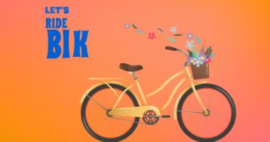 Bisikletle işe giderken turuncu arka planda bisiklet ikonu olan metin animasyonu. İş gününe döngü ve dijital olarak oluşturulan video konsepti.