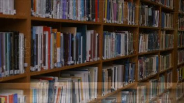 Animation of moving mathematical formulas over book shelf. Education and learning concept digitally generated video.